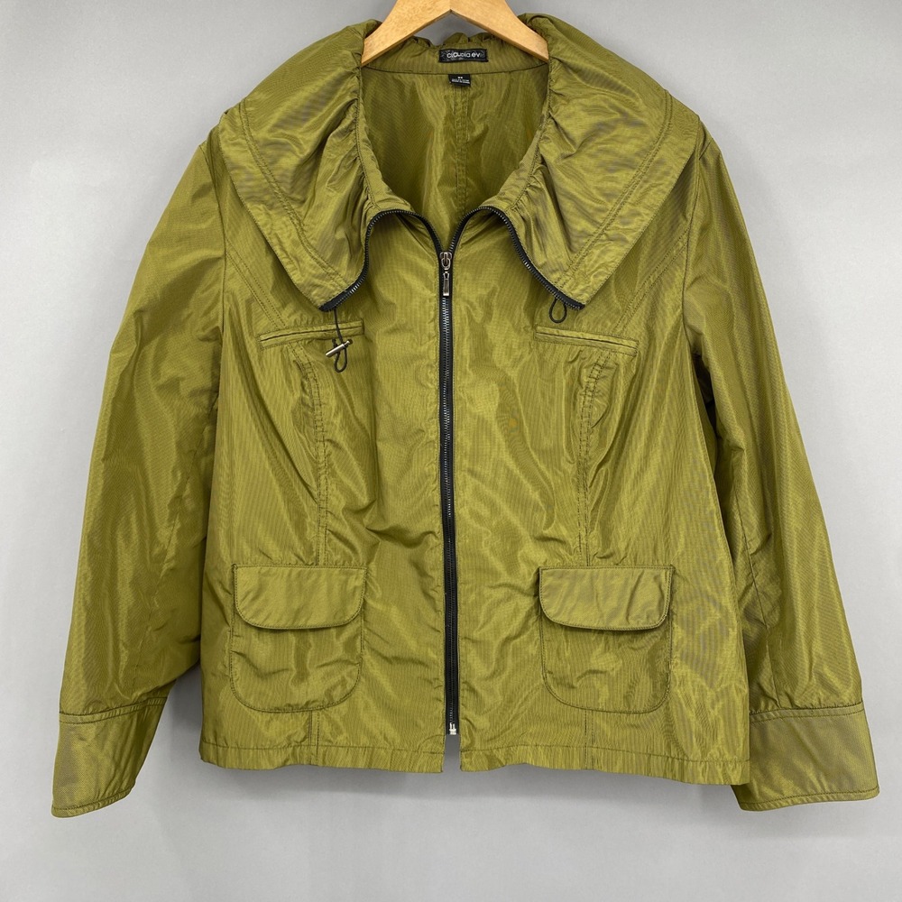 Claudia Ev Jacket Women 2X Olive Green Zip Up Shawl Collar Utility Puppy Tooth